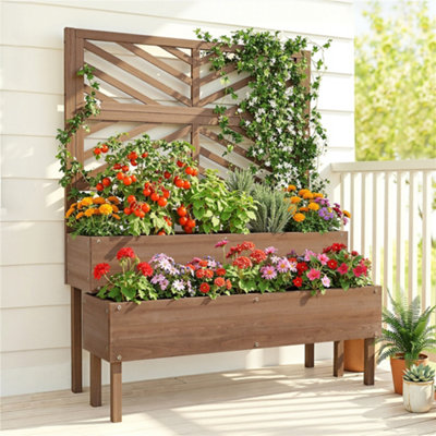 Yaheetech 2-Tier Fir Wood Raised Garden Bed With TrellisSelf-DrainingDark Brown from B&Q