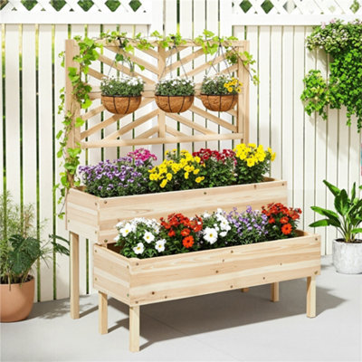 Yaheetech 2-Tier Fir Wood Raised Garden Bed With TrellisSelf-DrainingWood from B&Q