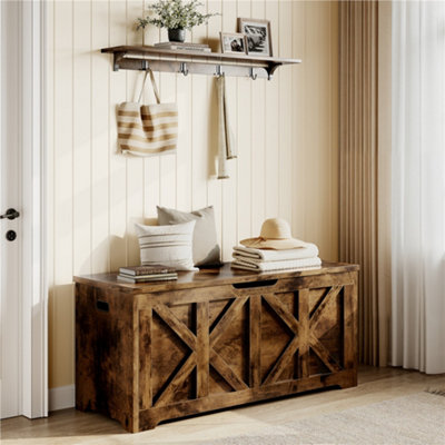Yaheetech Rustic Brown 132 L Wooden Storage Bench With Safety Hinged Lid