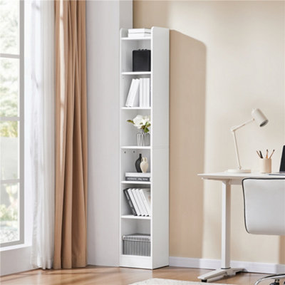 Yaheetech White 7-Tier Wooden Narrow Open Bookcase With Top Open Compartment from B&Q