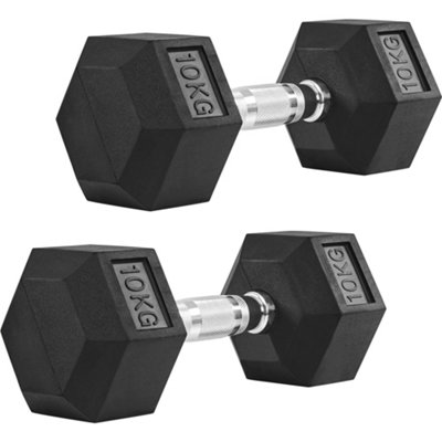 Yaheetech Black 10 Kg Hex Anti-Roll Rubber Encased Dumbbell Set For Home Strength Training from B&Q