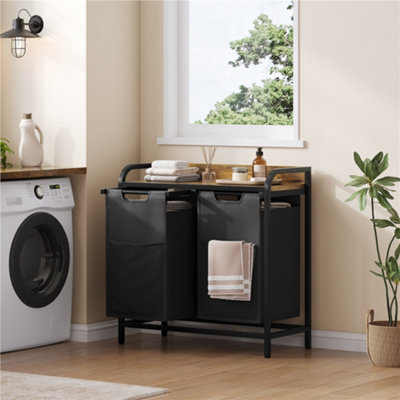 Yaheetech 2-Compartment Laundry Hamper With Wooden Top ShelfBlack/rustic Brown