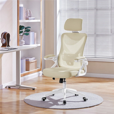 Yaheetech High Back Mesh Office Chair With Flip-Up Armrests And Adjustable HeadrestBeige from B&Q