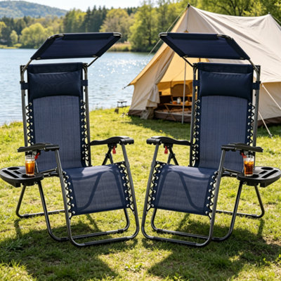 Yaheetech Zero Gravity Folding Patio Recliner Chairs With Sunshade And TraySet Of 2Navy Blue from B&Q