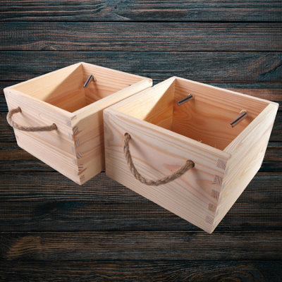 Woodeedoo Set Of 2 Square Wooden Boxes With Rope Handles 17X17X11Cm Pine Gift Hampers Storage Crates For Craft Shelf Desk Kitchen from B&Q