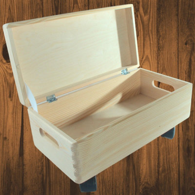 Woodeedoo Narrow Wooden Storage Box With Wheels Hinged Lid Cut Out Handles Diy Craft Chest Underbed Organiser Pine 40 X 20 X 19 Cm from B&Q
