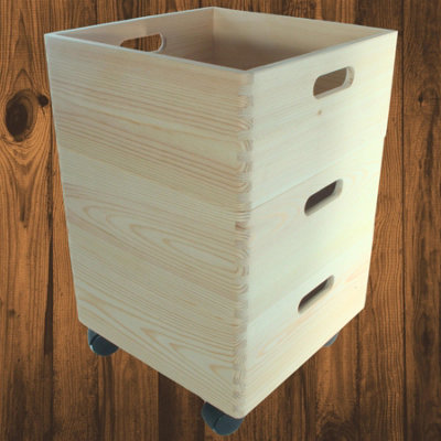 Woodeedoo 3 Tier Square Wooden Storage Crate Set With Wheels Stackable Pine Boxes For Toys Craft Kitchen Office 30 X 30 X 44.5 Cm from B&Q