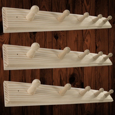 Woodeedoo Set Of 3 Wooden Coat Hooks 5 Pegs Each Mounted On Door Or Wall Natural Pine Unpainted Storage 46 X 6 X 5.5 Cm Per Unit from B&Q