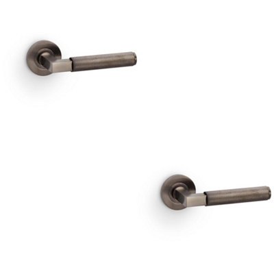 B&Q -  2 PackSolid Brass Knurled Door Handle SetDark Bronze Angled Lever On Round Rose