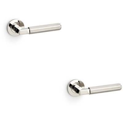 B&Q -  2 PackSolid Brass Knurled Door Handle SetPolished Nickel Angled Lever On Round Rose