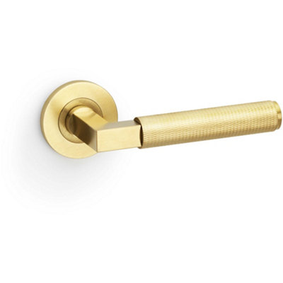 Loops Solid Brass Knurled Door Handle SetSatin Brass Angled Lever On Round Rose