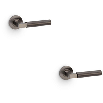 B&Q -  2 PackSolid Brass Smooth Door Handle SetDark Bronze Angled Lever On Round Rose