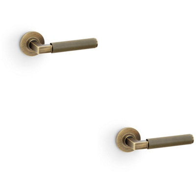 B&Q -  2 PackSolid Brass Reeded Door Handle SetAntique Brass Angled Lever On Round Rose