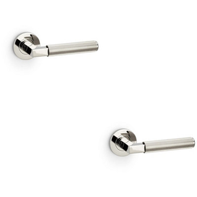 B&Q -  2 PackSolid Brass Reeded Door Handle SetPolished Nickel Angled Lever On Round Rose