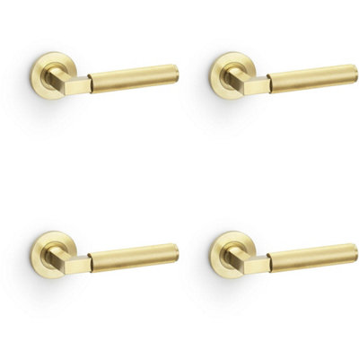 Loops 4 PackSolid Brass Reeded Door Handle SetSatin Brass Angled Lever On Round Rose