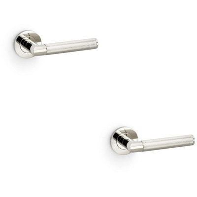 B&Q -  2 PackSolid Brass Knurled Door Handle SetPolished Nickel Mitred Lever On Round Rose
