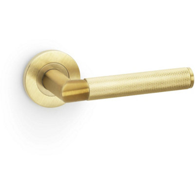 Loops Solid Brass Knurled Door Handle SetSatin Brass Mitred Lever On Round Rose