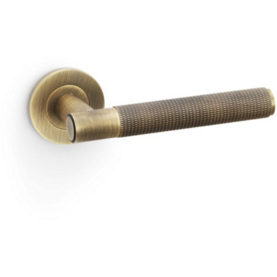 B&Q -  Solid Brass Knurled Door Handle SetAntique Brass Straight Lever On Round Rose