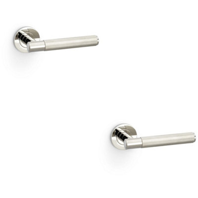 B&Q -  2 PackSolid Brass Knurled Door Handle SetPolished Nickel Straight Lever Round Rose