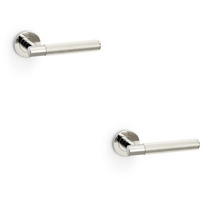 B&Q -  2 PackSolid Brass Reeded Door Handle SetPolished Nickel Straight Lever Round Rose