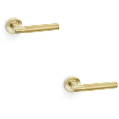 Loops 2 PackSolid Brass Reeded Door Handle SetSatin Brass Straight Lever On Round Rose