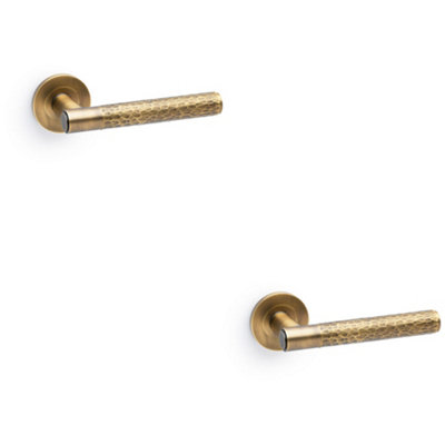 B&Q -  2 PackSolid Brass Hammered Door Handle SetItalian Brass Straight Lever Round Rose