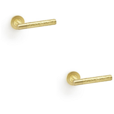 Loops 2 PackSolid Brass Hammered Door Handle SetSatin Brass Straight Lever Round Rose