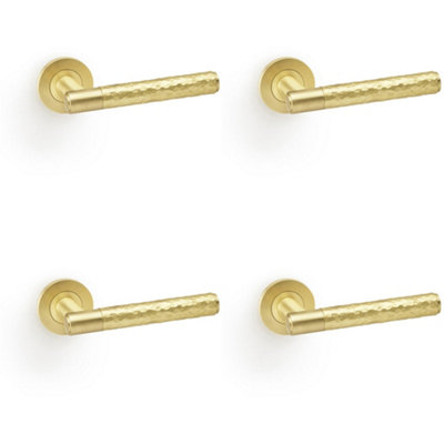 Loops 4 PackSolid Brass Hammered Door Handle SetSatin Brass Straight Lever Round Rose