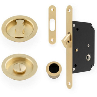 Loops Sliding Pocket Door Lock & Latch SetSatin Brass Rounded Forend Finger Pull