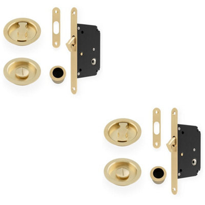 Loops 2 PackSliding Pocket Door Lock & Latch SetSatin Brass Rounded Forend Finger Pull