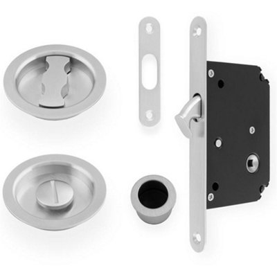 Loops Sliding Pocket Door Lock & Latch SetSatin Chrome Rounded Forend Finger Pull