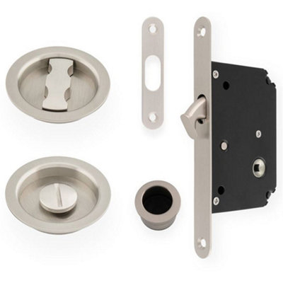 Loops Sliding Pocket Door Lock & Latch SetSatin Nickel Rounded Forend Finger Pull