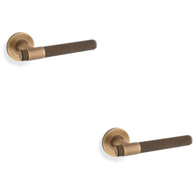 B&Q -  2 PackSolid Brass Knurled Door Handle SetAntique Brass Bar Lever On Round Rose