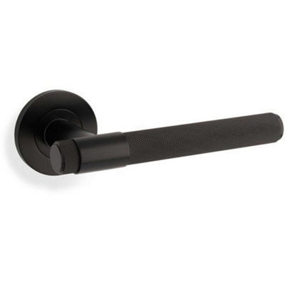 B&Q -  Solid Brass Knurled Door Handle SetMatt Black Bar Lever On Round Rose