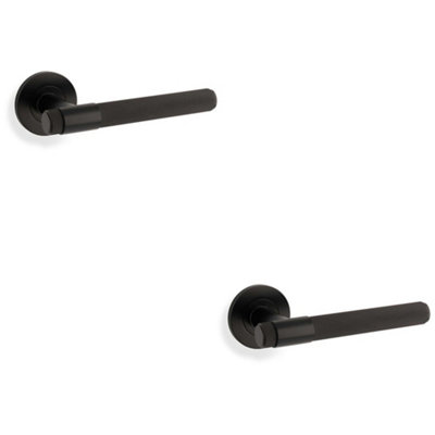 Loops 2 PackSolid Brass Knurled Door Handle SetMatt Black Bar Lever On Round Rose