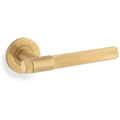 Loops Solid Brass Knurled Door Handle SetSatin Brass Bar Lever On Round Rose