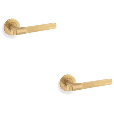 Loops 2 PackSolid Brass Knurled Door Handle SetSatin Brass Bar Lever On Round Rose