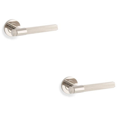 B&Q -  2 PackSolid Brass Knurled Door Handle SetPolished Nickel Bar Lever Round Rose