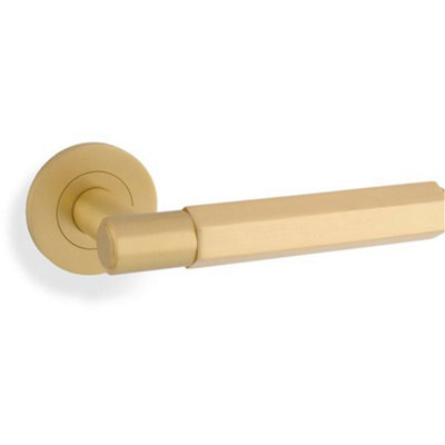 B&Q -  Solid Brass Hex Door Handle SetSatin Brass Industrial Lever Round Rose