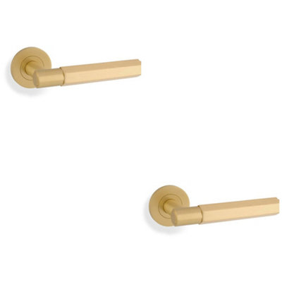 Loops 2 PackSolid Brass Hex Door Handle SetSatin Brass Industrial Lever Round Rose