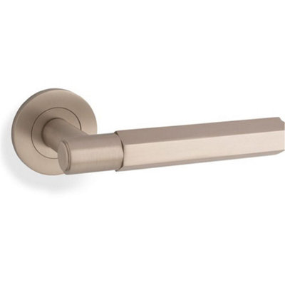 Loops Solid Brass Hex Door Handle SetSatin Nickel Industrial Lever Round Rose