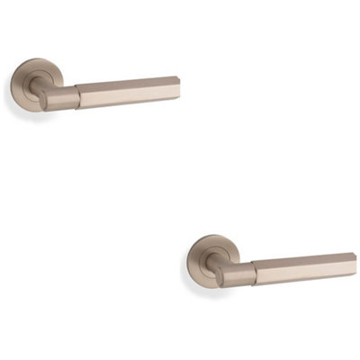 Loops 2 PackSolid Brass Hex Door Handle SetSatin Nickel Industrial Lever Round Rose