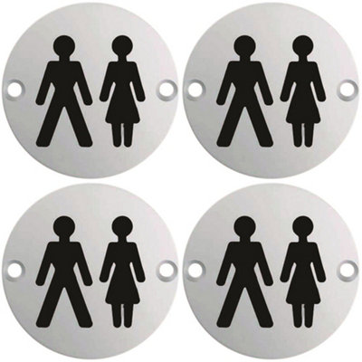 Loops 4 PackBathroom Door Unisex Symbol Sign 64mm Fixing Centres 76mm Dia Satin Steel from B&Q