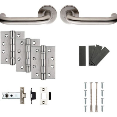 Loops Fire Door Rated Handle & Latch Pack Satin Steel Curved Bar Screwless Round Rose from B&Q