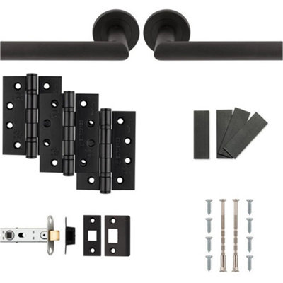 Loops Fire Door Rated Handle & Latch PackMatt Black Mitred Bar Screwless Round Rose from B&Q