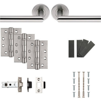 Loops Fire Door Rated Handle & Latch Pack Satin Steel Mitred Bar Screwless Round Rose from B&Q