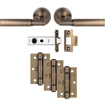 Loops Premium Door Handle & Latch PackAntique Brass Straight Lever Round Rose from B&Q