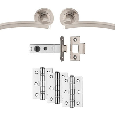 Loops Premium Door Handle & Latch PackSatin Nickel Slim Curved Lever Round Rose from B&Q