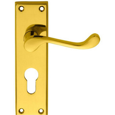 Loops Victorian Scroll Latch & Euro Lock Door Handle Polished Brass Lever On Backplate from B&Q