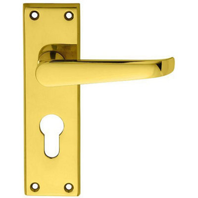 Loops Straight Victorian Latch & Euro Lock Door Handle Polished Brass Lever Backplate